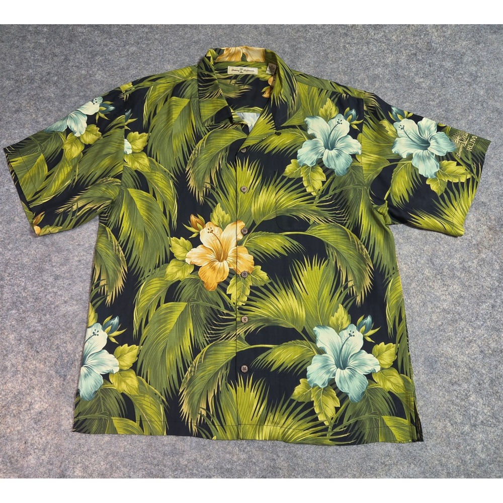 Tommy Bahama Rum Mens XL Silk Tropical Floral Palm Leaf Camp Shirt Green Black